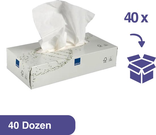 Abena Care-Ness gezichtstissues, 2-laags, 40 x 100 tissues in witte doos met mokka-patroon. Ook '40 Dozen' op paarse achtergrond.