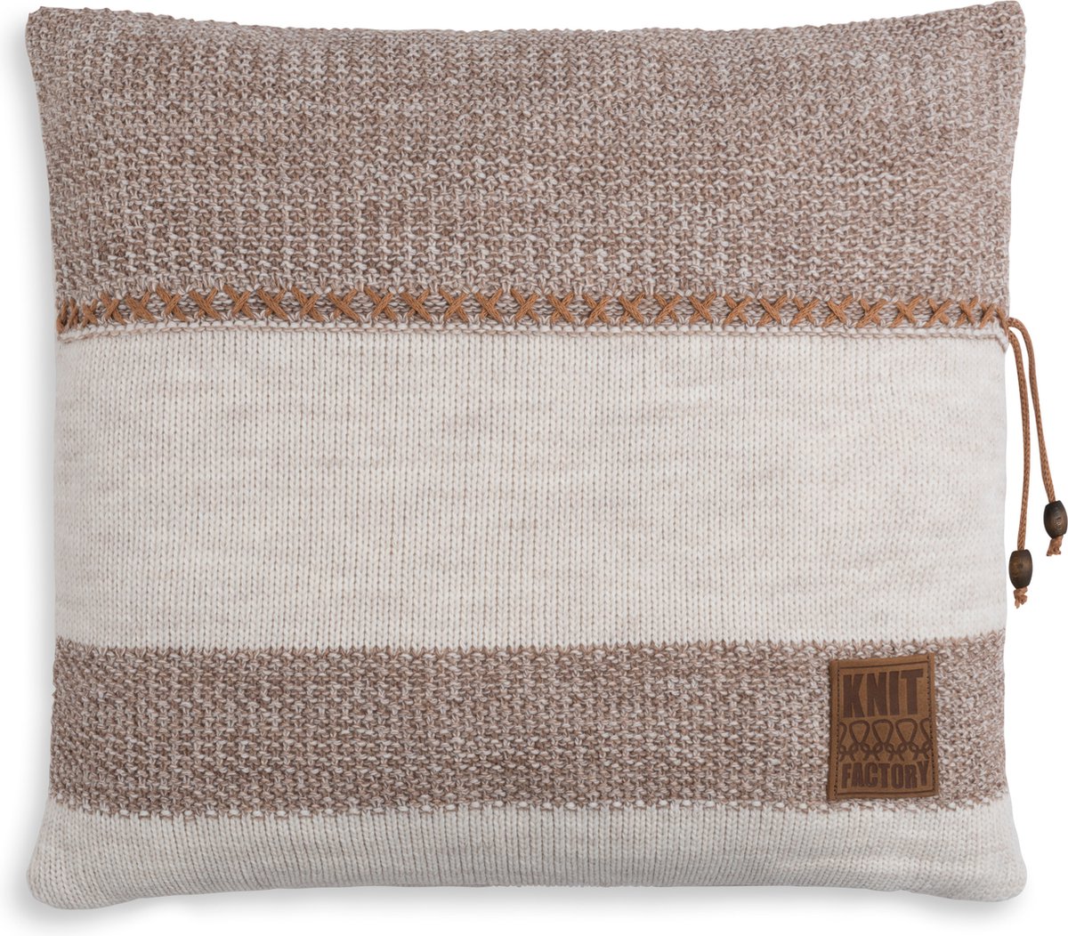 Knit Factory Roxx Sierkussen - Vierkant kussen - Kussen woonkamer - Bank kussen - Decoratie kussen - Beige/Marron - 50x50 cm - Kussenhoes inclusief kussenvulling