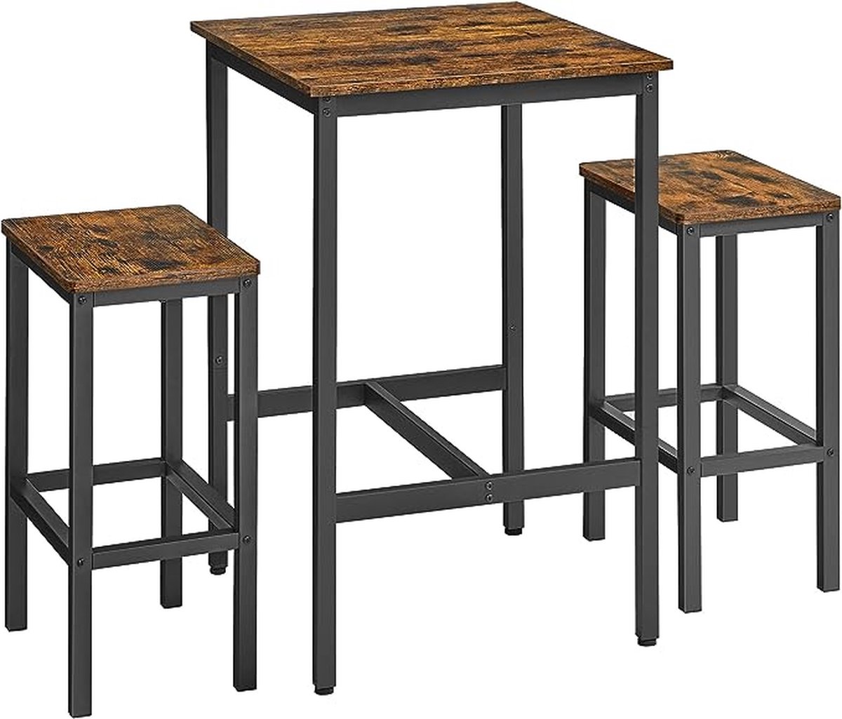 FurnStar bartafel inclusief 2 krukken - bartafel set - bartafel met barstoelen - Hout - Bruin - 60x60x90cm