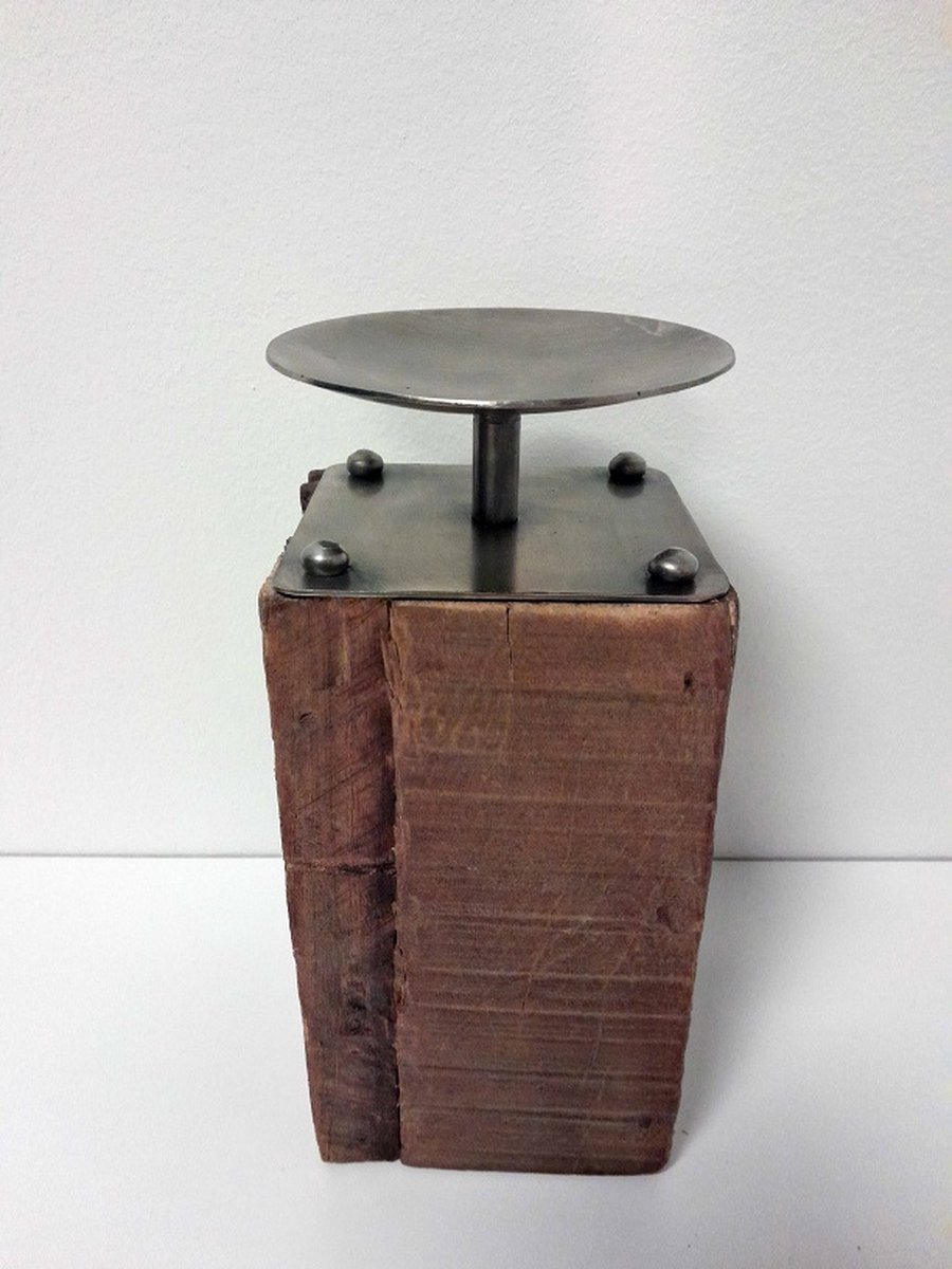 Boltze Kandelaar - 22.5cm - Blok - industrieel - 1 stomp kaars - RVS - Hout Ø 11cm. Bruin