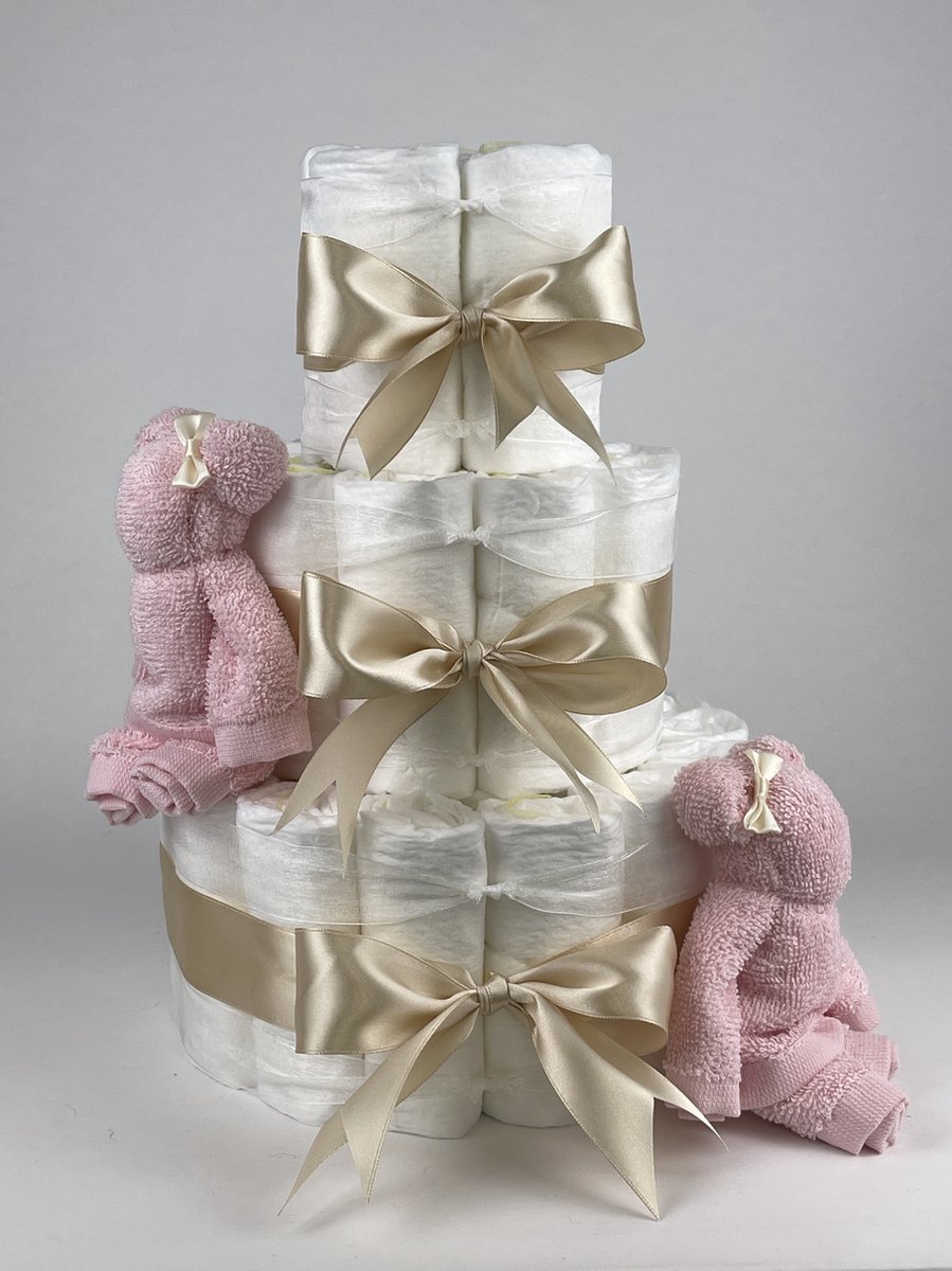 Chouette-Chouette | Luiertaart Meisje | Kraamcadeau | Geboorte Meisje | Babyshower | Beren Roze - Beige