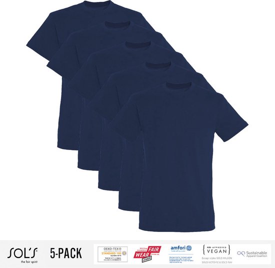 5 Pack Sol's Heren T-Shirt 100% biologisch katoen Ronde hals Navy Blue Maat S