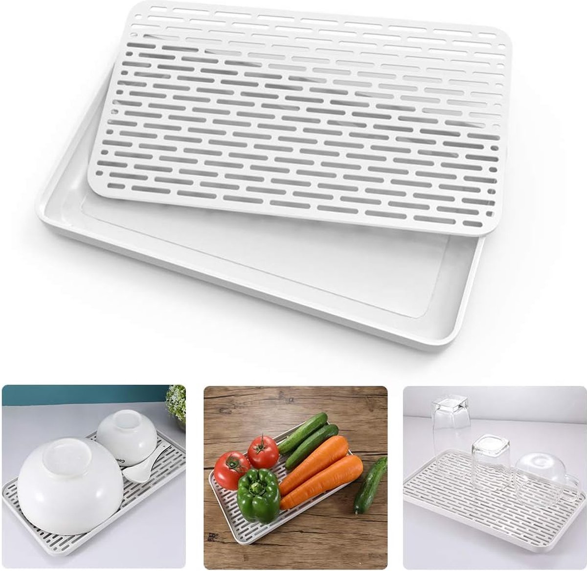 Afdruiprek - Kunststof - Met Opvangschaal - Multifunctioneel voor Kopjes, Fruit, Thee en als Opbergplateau - 31 x 17.5 cm