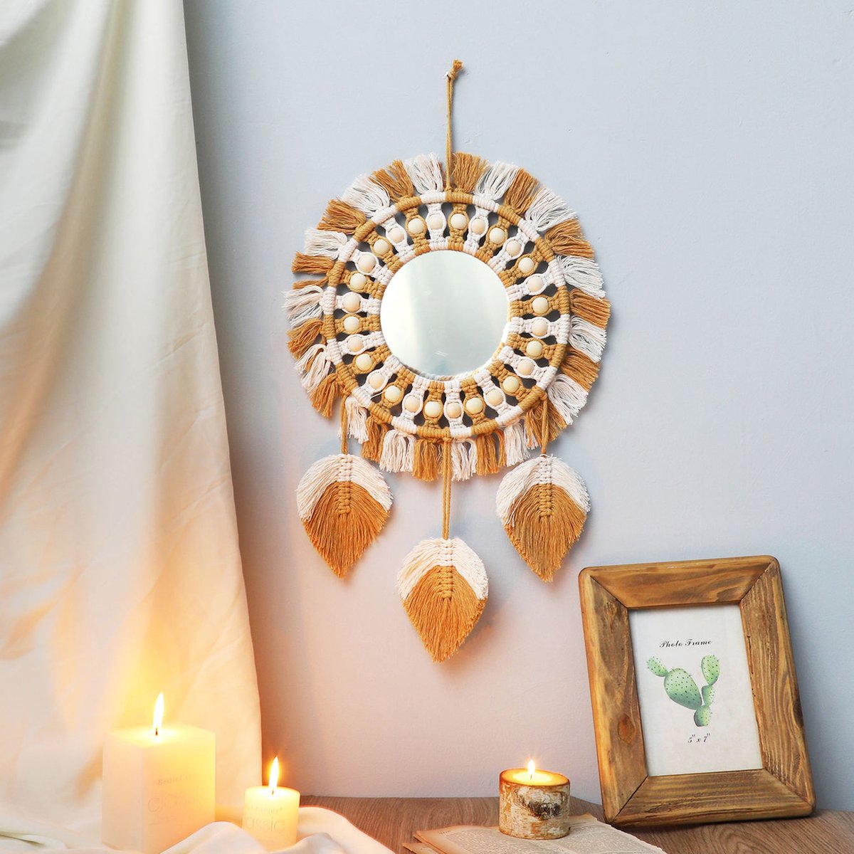 Macramé Spiegel | Handgemaakt | Hoogwaardige kwaliteit | Wandspiegel | Kraaltjes | Veren | Wit/Bruin