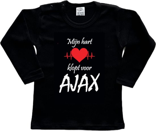 Amsterdam Kinder t-shirt Lange Mouw | "Mijn hart klopt voor AJAX | Verjaardagkado | verjaardag kado | grappig | jarig | Amsterdam | AJAX | cadeau | Cadeau | Zwart/wit/rood/wit | Maat 62