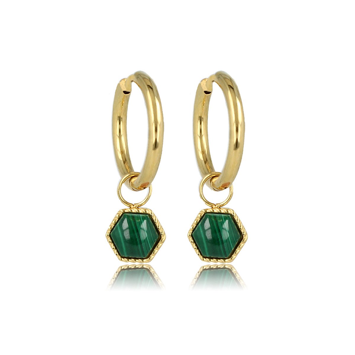 My Bendel - Oorbellen Goudkleurig Zeshoek met Malachite Edelsteen - Zeshoekige Malachite Goudkleurige Oorringen: Unieke Elegantie - met Luxe Cadeauverpakking | Sieraden Voor Dames
