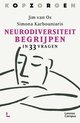 Boekcover 'Kopzorgen Neurodiversiteit Begrijpen in 33 Vragen'. Tekst in zwart en paars op witte achtergrond. Centraal een schematische tekening van een hoofd.