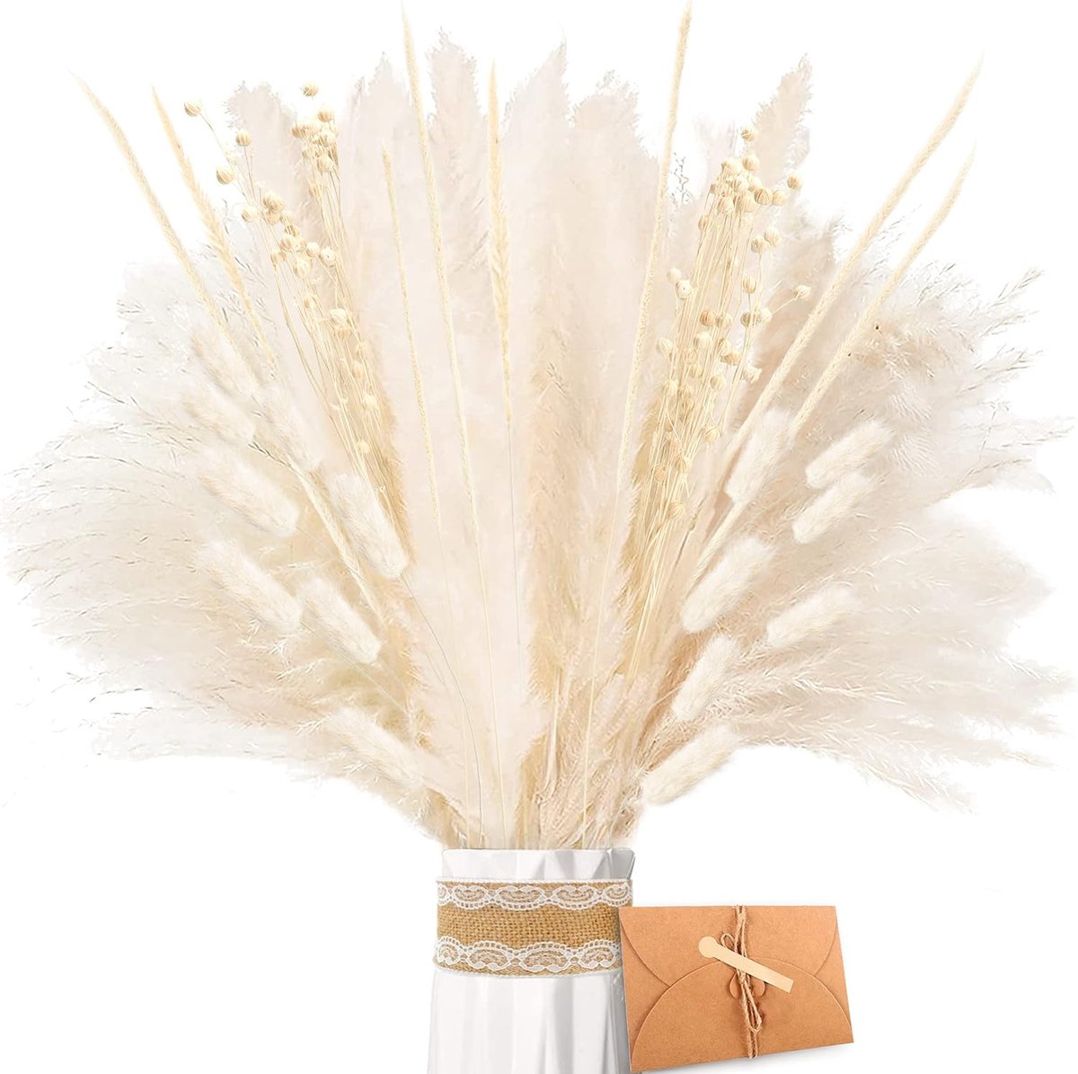 Gedroogd Pampasgras - Natuurlijke Gedroogde Bloemen set, Witte Pampasgras Pluizige Bladeren, Lagurus en Rietbloem Gedroogd Boeket voor Bloemstukken Home Decor, Geschenken en decoraties