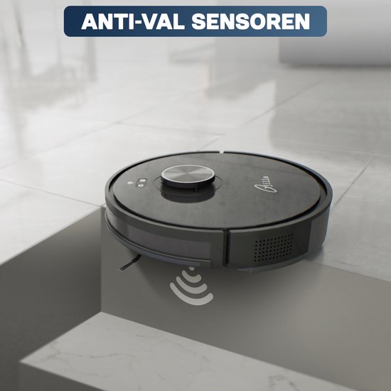 Zwarte ronde robotstofzuiger Tjilla C150 op tegels, met 'anti-val sensoren' symbool.