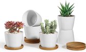 8 cm Keramische Vetplant Cactus Potten met Onderschotel, Rond, Set van 6, Kleine Bloempot, Wit voor Mos, Mini Binnen