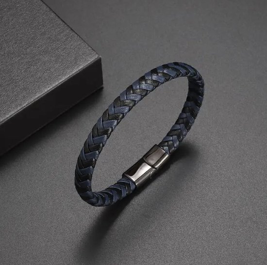 TVR-Wares® | Bracelet en cuir tressé | Bleu-Noir | Fermeture coulissante | Taille L | 21 cm