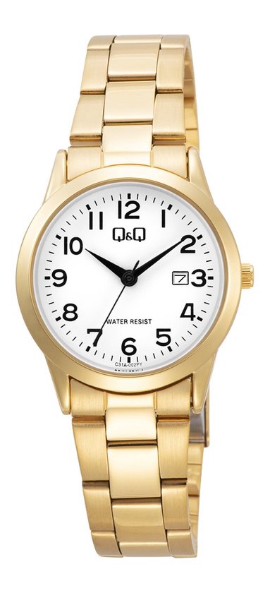 Foto: Q q c31a 002py horloge analoog dames vrouwen stalen band rond metaal cijfers datumaanduiding goudkleurig wit 3 atm