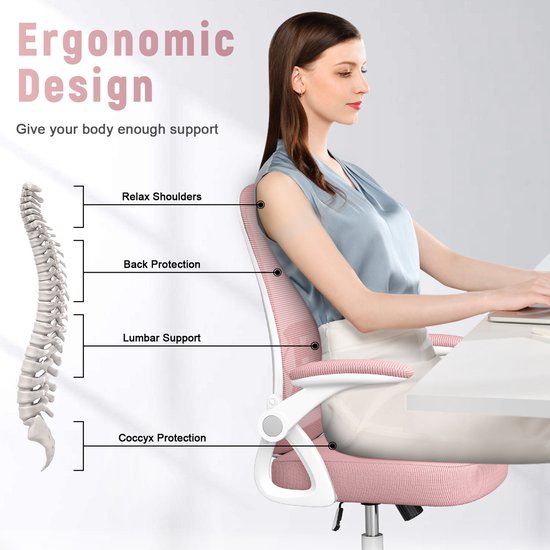 Vrouw zit op een roze ergonomische bureaustoel. Indicaties voor rug-, lenden- en stuitondersteuning.