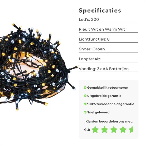 Kerstverlichting 20M 200LEDs, Warm Wit met 8