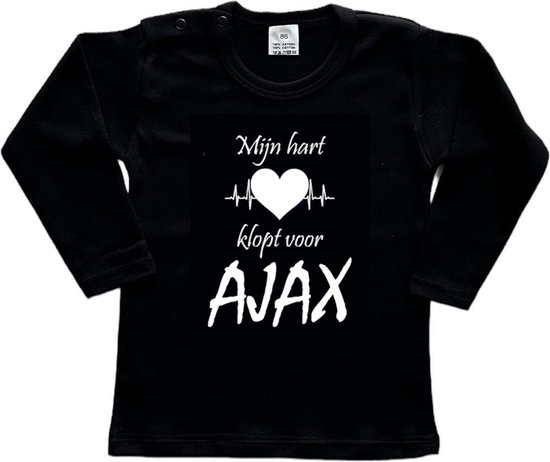 Amsterdam Kinder t-shirt Lange Mouw | "Mijn hart klopt voor AJAX | Verjaardagkado | verjaardag kado | grappig | jarig | Amsterdam | AJAX | cadeau | Cadeau | Zwart/wit | Maat 62