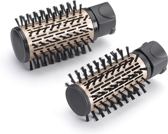 Twee losse opzetborstels voor de BaByliss roterende föhnborstel, met gouden details en zwarte borstelharen.