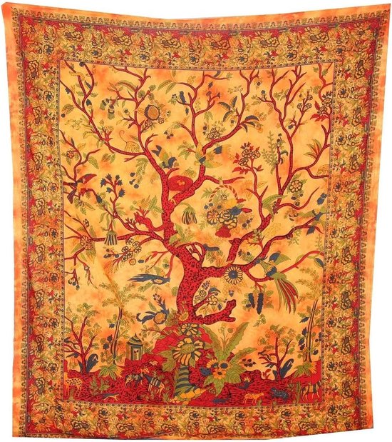 beddensprei van katoen; oranje; 230 x 205 cm; decoraties: levensboom, kleurrijke vogels, bloemen; product uit India; geknoopt en geverfd (Tie-Dye)