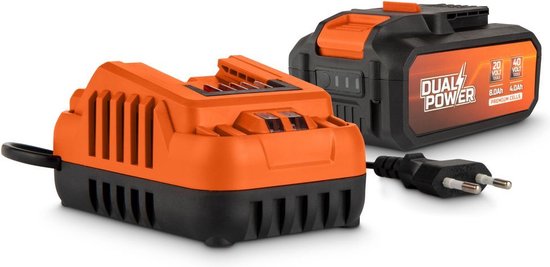 Oranje lader met stekker en oranje/zwarte Dual Power accu met logo 'DUAL POWER' en '40V 2.5Ah'.