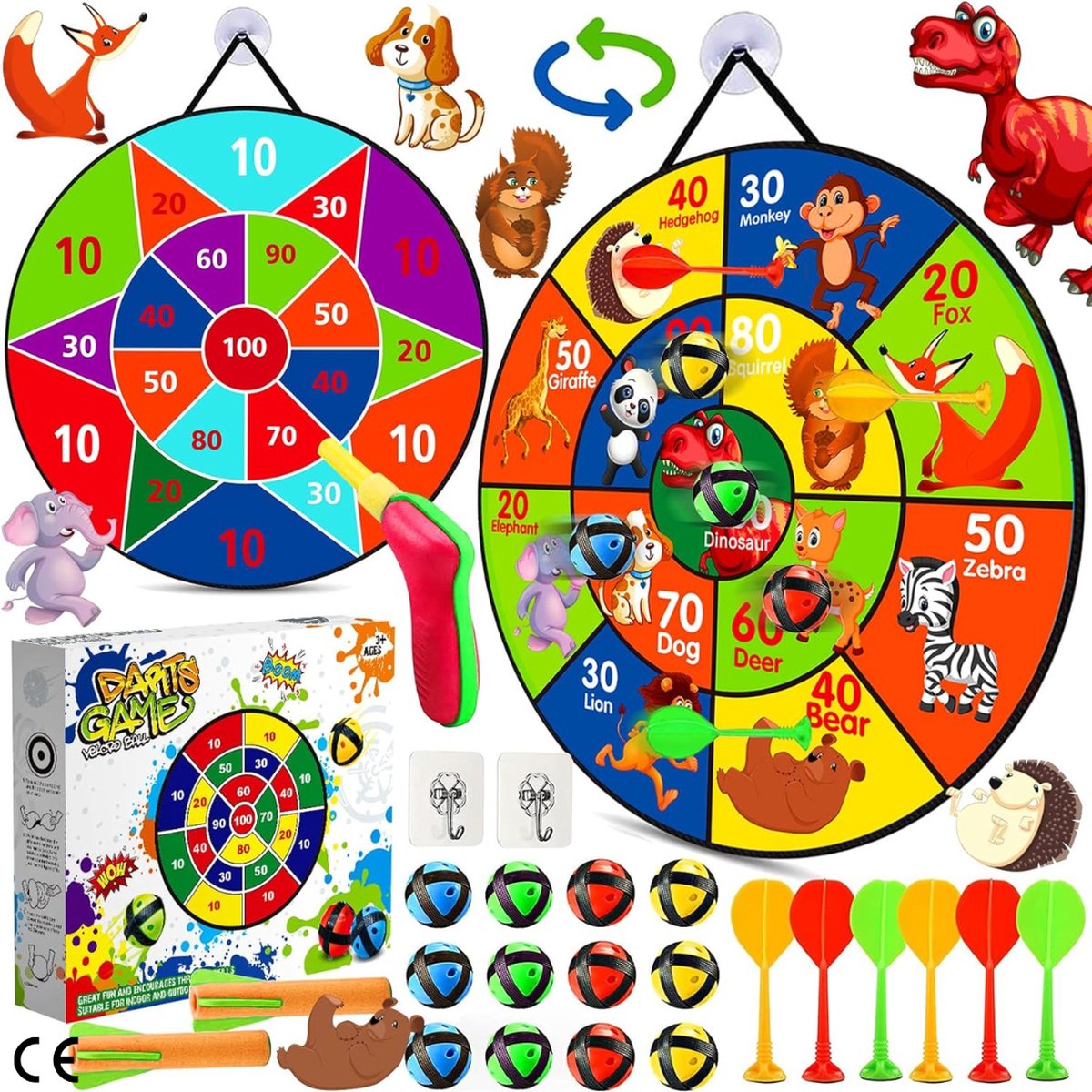 Dartset voor Kinderen - 66 cm Dubbelzijdig Veilig Darts Spel met 12 Kleverige Ballen, 6 Darts, Pistool, en Haken - Geschikt voor Jongens en Meisjes