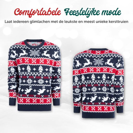 Voorkant en achterkant van een kersttrui met rendieren, sneeuwvlokken en kerstbomen. Blauw, rood en wit.
