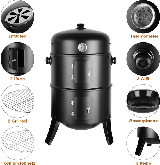 Rookoven, 3-in-1 rookoven, houtskoolgrill, rookoven, Ø 44,5 x 80 cm, incl. regelbare luchtafvoer en thermometer, waterschaal, 2 grillroosters (φ 37,5 cm), voor roken, grillen en koken — afbeelding 2