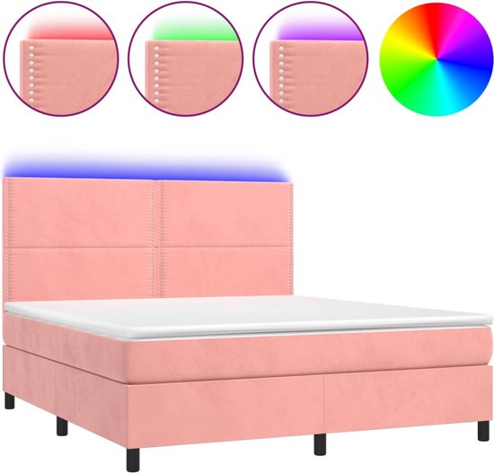 vidaXL-Boxspring-met-matras-en-LED-fluweel-roze-180x200-cm