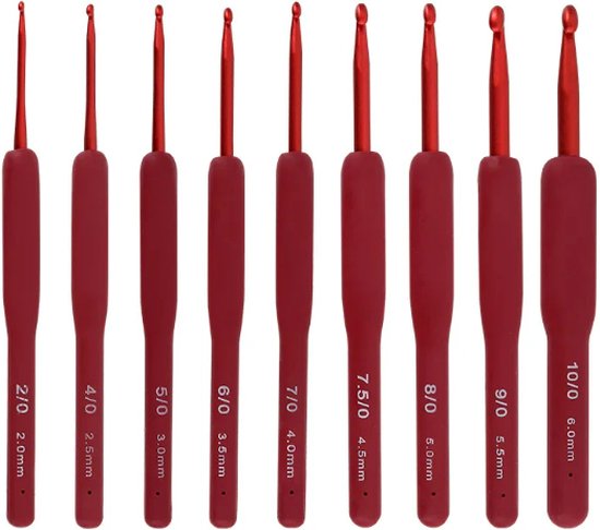 JOZEA Haaknaalden, 9-delig ergonomisch haaknaaldenset met zachte handgreep, 2,0 mm - 6,0 mm haaknaalden met antislip duimstrips, voor breibeginners