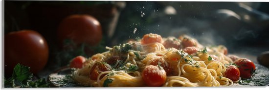 Acrylglas - Spaghetti - Tomaten - Kaas - Eten - Bord - 60x20 cm Foto op Acrylglas (Met Ophangsysteem)
