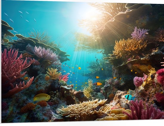 PVC Schuimplaat- Onderwater - Oceaan - Zee - Koraal - Vissen - Kleuren - Zon - 100x75 cm Foto op PVC Schuimplaat