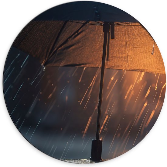 Dibond Muurcirkel - Regen - Paraplu - Licht - 70x70 cm Foto op Aluminium Muurcirkel (met ophangsysteem)