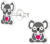 Joy|S - Zilveren koala oorbellen - 9 x 8 mm - grijs met roze hartje - oorknoppen voor kinderen