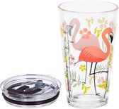 Drinkglazen, set van 4, flamingo-motief, deksel en rietje, 450 ml, glazen bekers voor kinderen, smoothieglas, transparant