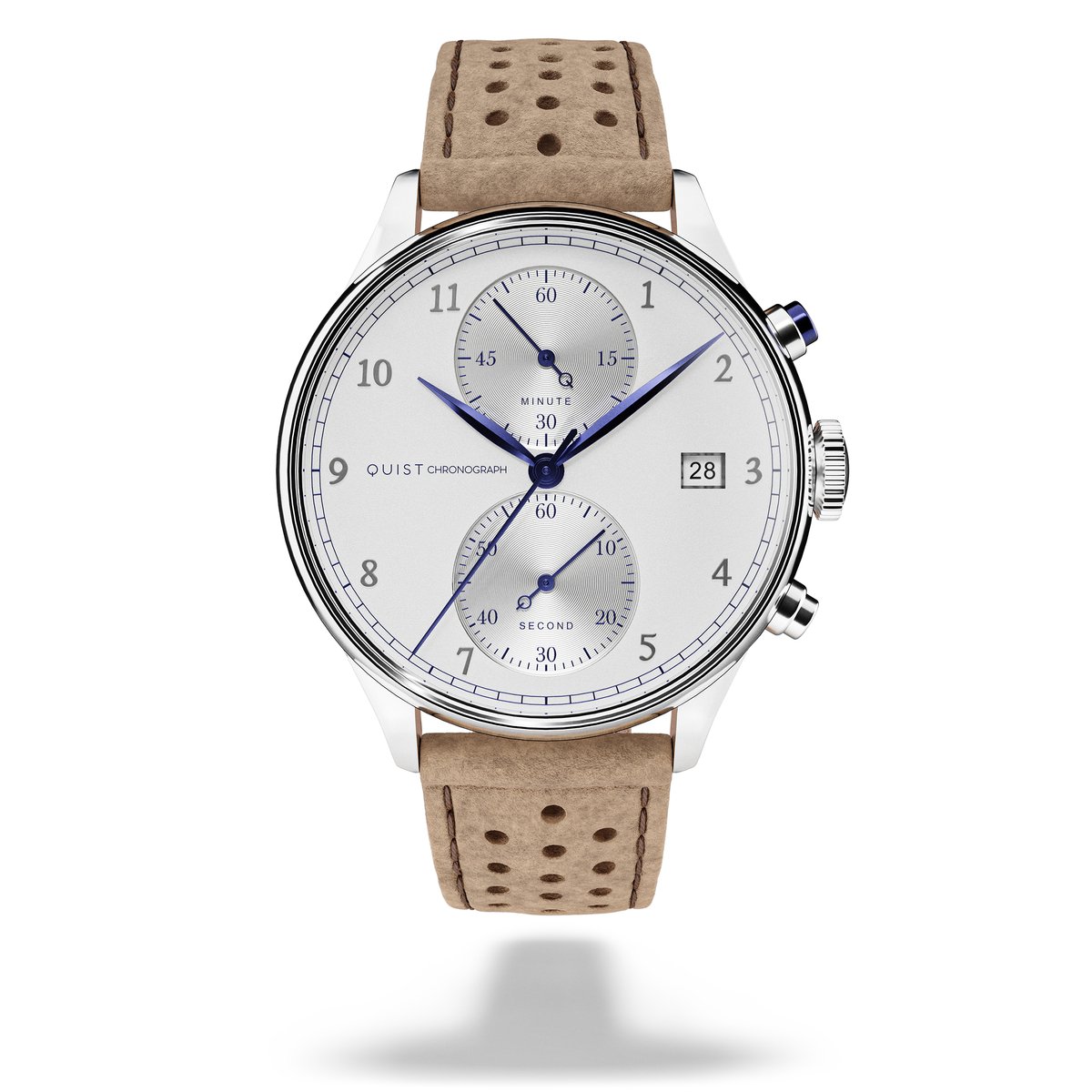 QUIST - Chronograph herenhorloge - zilver - witte wijzerplaat - nubuck horlogeband - 41mm