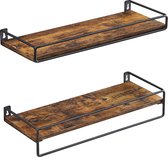 Wandplank, set van 2, zwevende plank met stang, wandplank, opbergen, aan de muur, voor keuken, slaapkamer, woonkamer, vintage bruin-zwart LWS441B01
