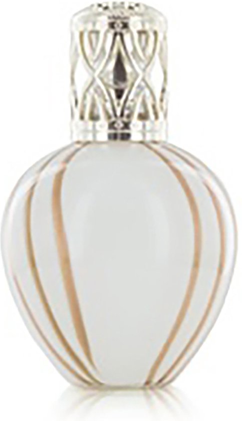 Witte geurlamp met gouden strepen en zilverkleurige sierdop.