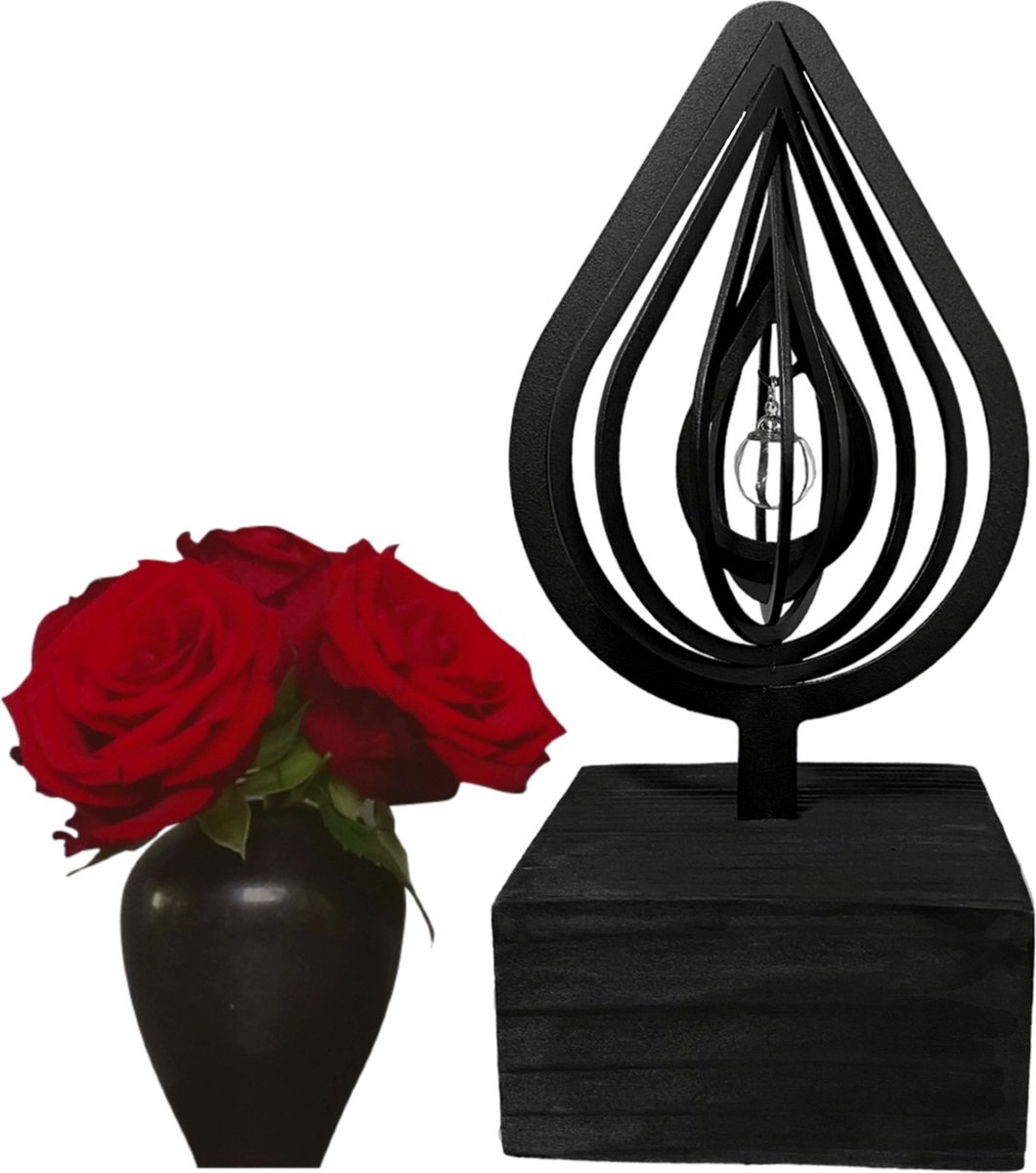 Mini urn "traan" (10 ml) - metaal in houten sokkel - uniek design - Nederlandse kwaliteit - 24cm hoog - inclusief glasbol hanger