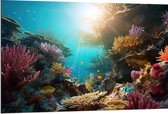 Dibond - Onderwater - Oceaan - Zee - Koraal - Vissen - Kleuren - Zon - 120x80 cm Foto op Aluminium (Wanddecoratie van metaal)