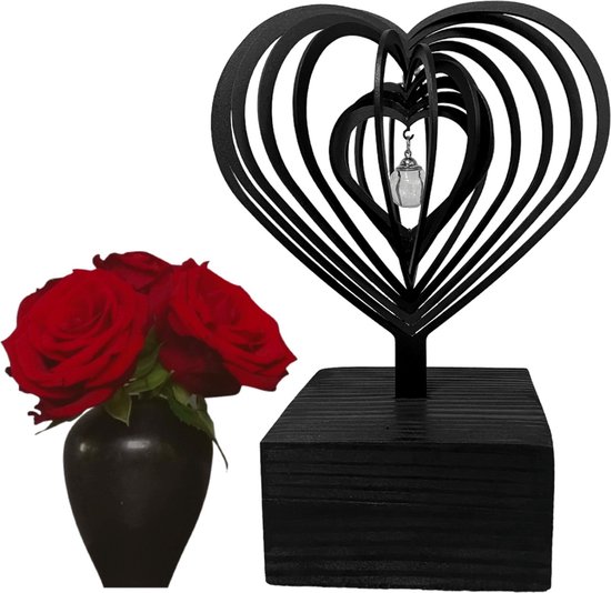 Urne 3D (0,015 L) Coeur avec pendentif boule de verre - 24 cm - revêtement noir - base en bois massif