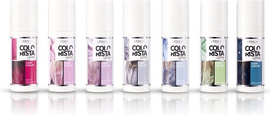 Zeven flessen L'Oréal Colorista Spray in verschillende kleuren: Hot Pink, Pink Hair, Lavender Hair, Grey Hair, Pastel Blue, Mint Hair, Teal Hair.