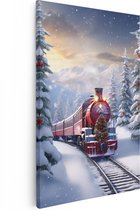 Artaza Canvas Schilderij Rode Locomotief Trein in het Winter Bos - Kerst - 20x30 - Klein - Foto Op Canvas - Canvas Print