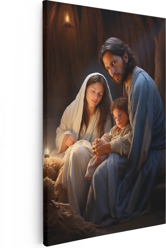 Artaza Canvas Schilderij Kerststal - Jezus Christus - 20x30 cm - Klein - Wanddecoratie Woonkamer - Schilderijen - Muurdecoratie