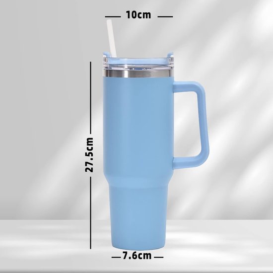 40 Oz Beker Met Handvat En Rietje, Dubbelwandige Vacuüm Roestvrij Staal Draagbare Autobeker Reisfles Koffiemok Voor Onderweg Of Kantoor Houdt Koffie Thee Urenlang Warm Of Koud 1200 Ml
