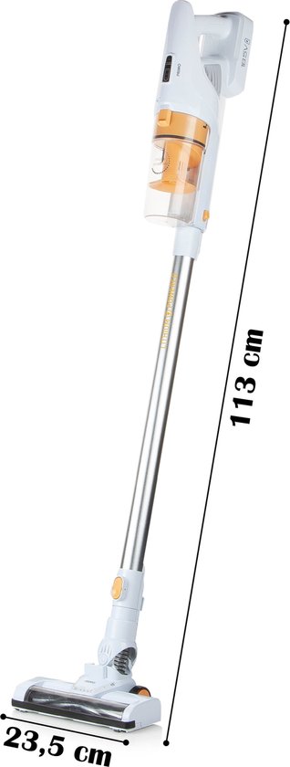 Witte en oranje steelstofzuiger met afmetingen: 113 cm lang en 23,5 cm breed.