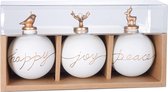 BRUBAKER Set Van 3 Glazen Kerstballen - Happy Joy Peace - Premium Kerstballen Met Porseleinen Beeldje - Moderne Handgeschilderde Kerstdecoratie - 8 Cm Witte Kerstballen