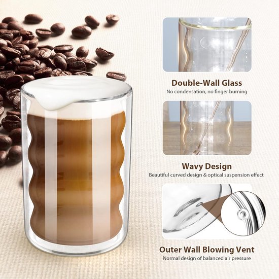 GOURMETmaxx Cappuccino-glazen, 250 ml, temperatuur blijft lang zitten, ook geschikt voor koude dranken, 2 thermoglazen van robuust borosilicaatglas, dubbelwandige glazen voor isolatie, set van 2 stuks