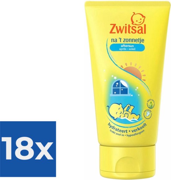 Gele tube Zwitsal Na 't Zonnetje aftersun. Illustratie van slapende baby, zon en sterren. Tekst '18x'.