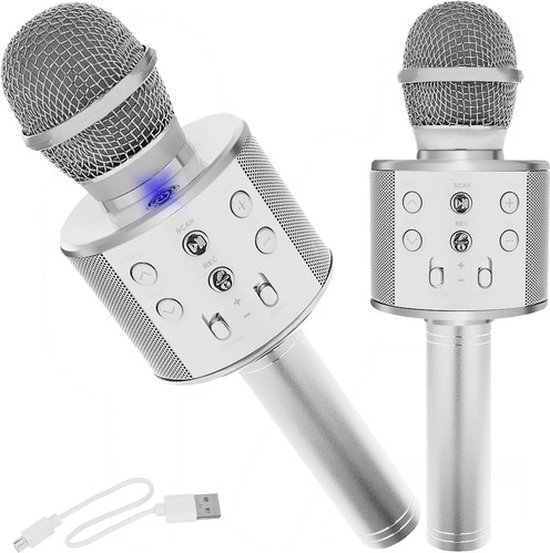Playos® - Microphone Karaoké - Argent - Sans Fil - Bluetooth - avec Changeur  de Voix 