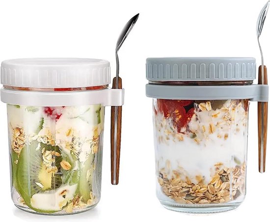 Foto: Set van 2 ontbijtkommen om mee te nemen met deksel en lepel 350 ml glazen voor overnight oats mason jars met meetmarkering luchtdichte container voor yoghurt ontbijtgranen salade fruit 