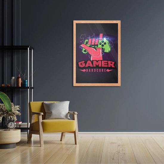Poster Gamer Hardcore Rechthoek Verticaal Met Lijst M (30 X 40 CM) - Hout - Houten Lijst - Bruine Lijst - Wanddecoratie - Posters