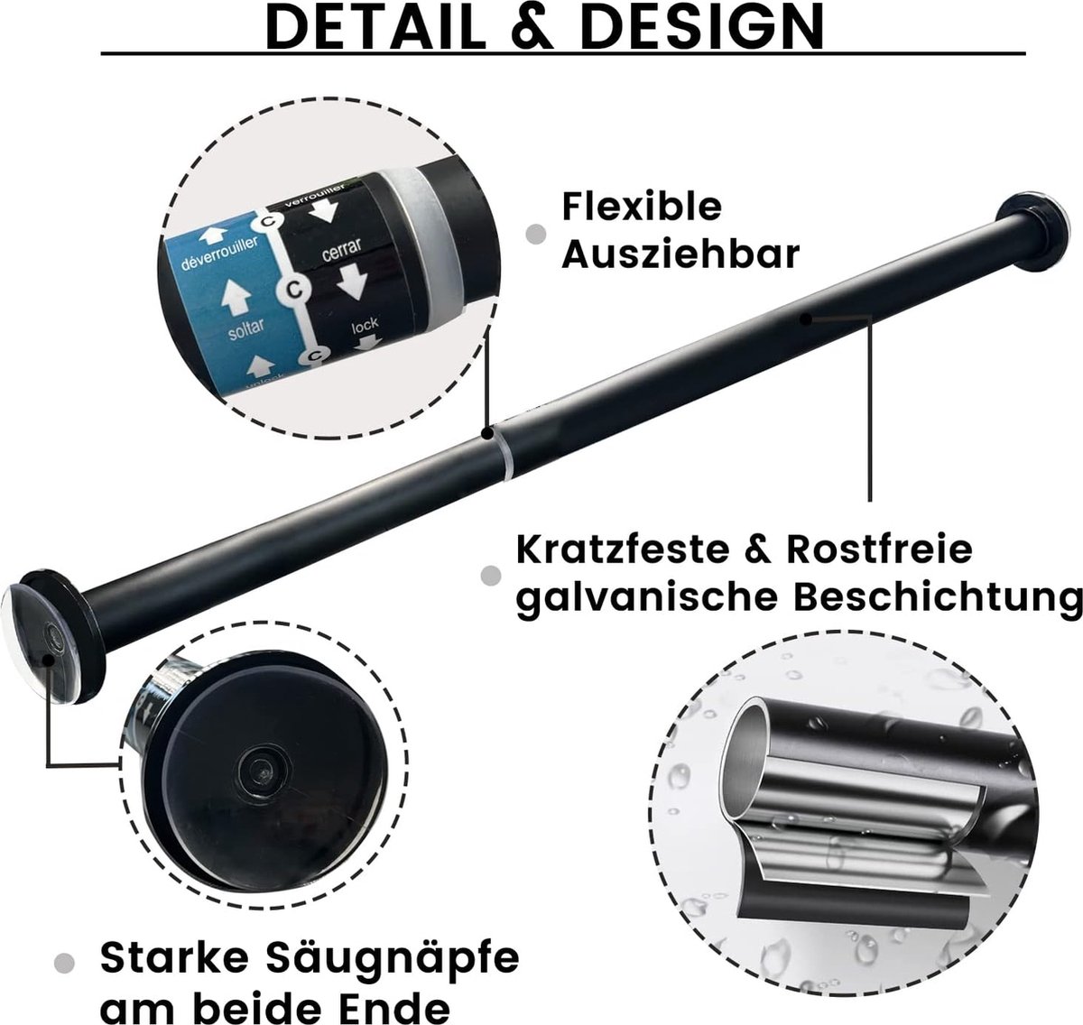 Tringle à Rideaux Télescopique Noire 73-145 Cm Ø25 Mm – Sans Perçage, Anti-Rouille, Charge 25 Kg Pour Douche & Fenêtre